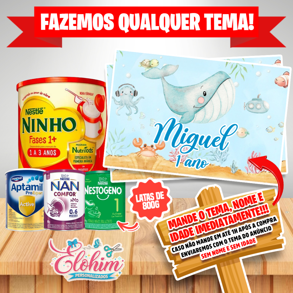 Rótulo Adesivo para Lata de Leite 800g (FAZEMOS QUALQUER TEMA) Fundo do Mar menino