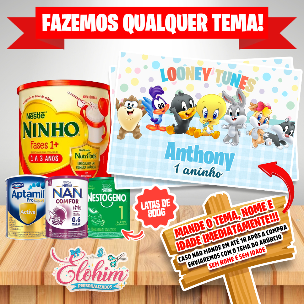 Rótulo Adesivo para Lata de Leite 800g (FAZEMOS QUALQUER TEMA) Baby Looney tunes em Oferta na Shopee