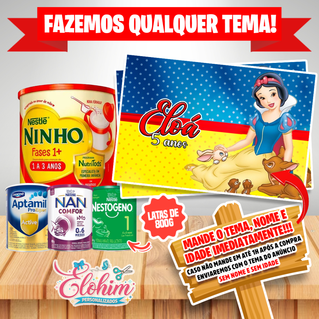 Rótulo Adesivo para Lata de Leite 800g (FAZEMOS QUALQUER TEMA) Branca de neve