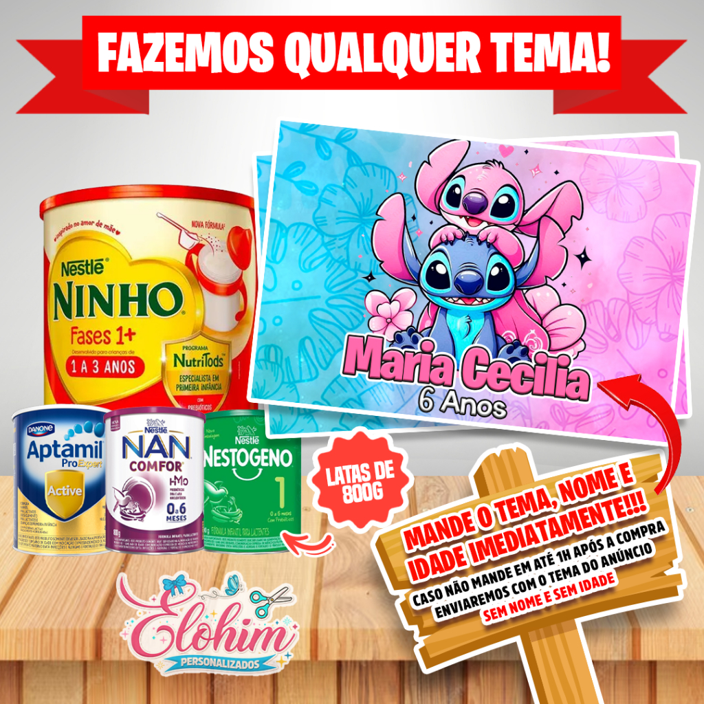 Rótulo Adesivo para Lata de Leite 800g (FAZEMOS QUALQUER TEMA) Stitch e Angel
