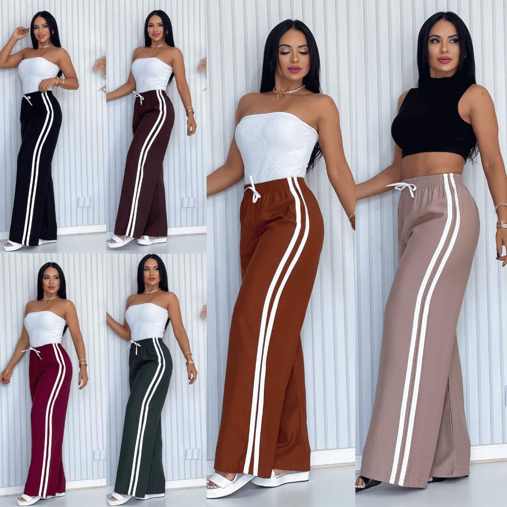 Calça Feminina Listrada Wide Leg Tecido Sensorial | Cintura Alta | Confortável e Estilosa | P M G GG | Várias Cores em Oferta na Shopee