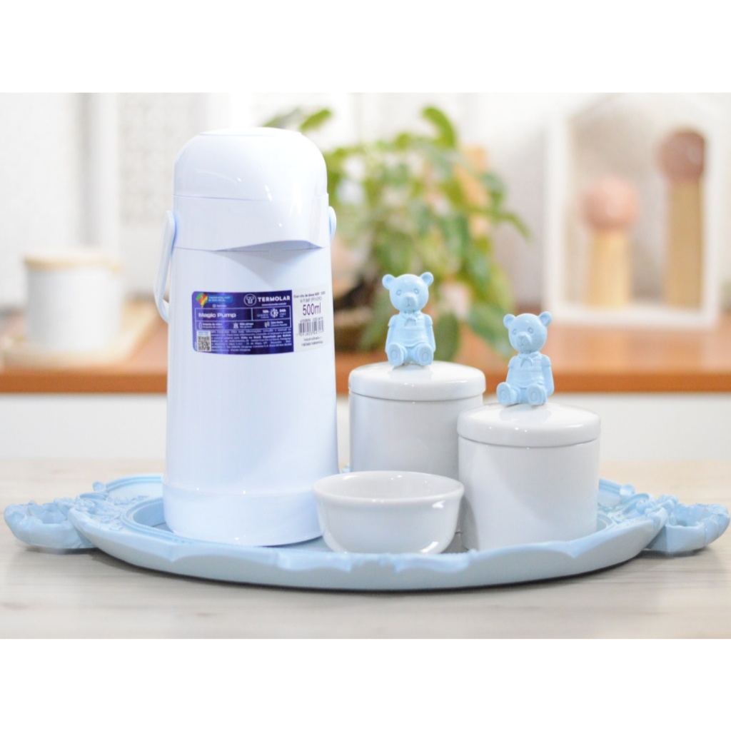 Kit Higiene Porcelana Maternidade Bebê Uso Azul Decoração Quarto Infantil Promoção Potes Algodão Cotonete