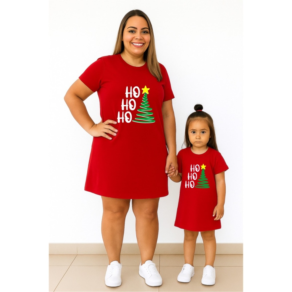 KIT VESTIDO VERMELHO FELIZ NATAL PAPAI NOEL HO HO HO TAL MAE FILHA PLUS SIZE