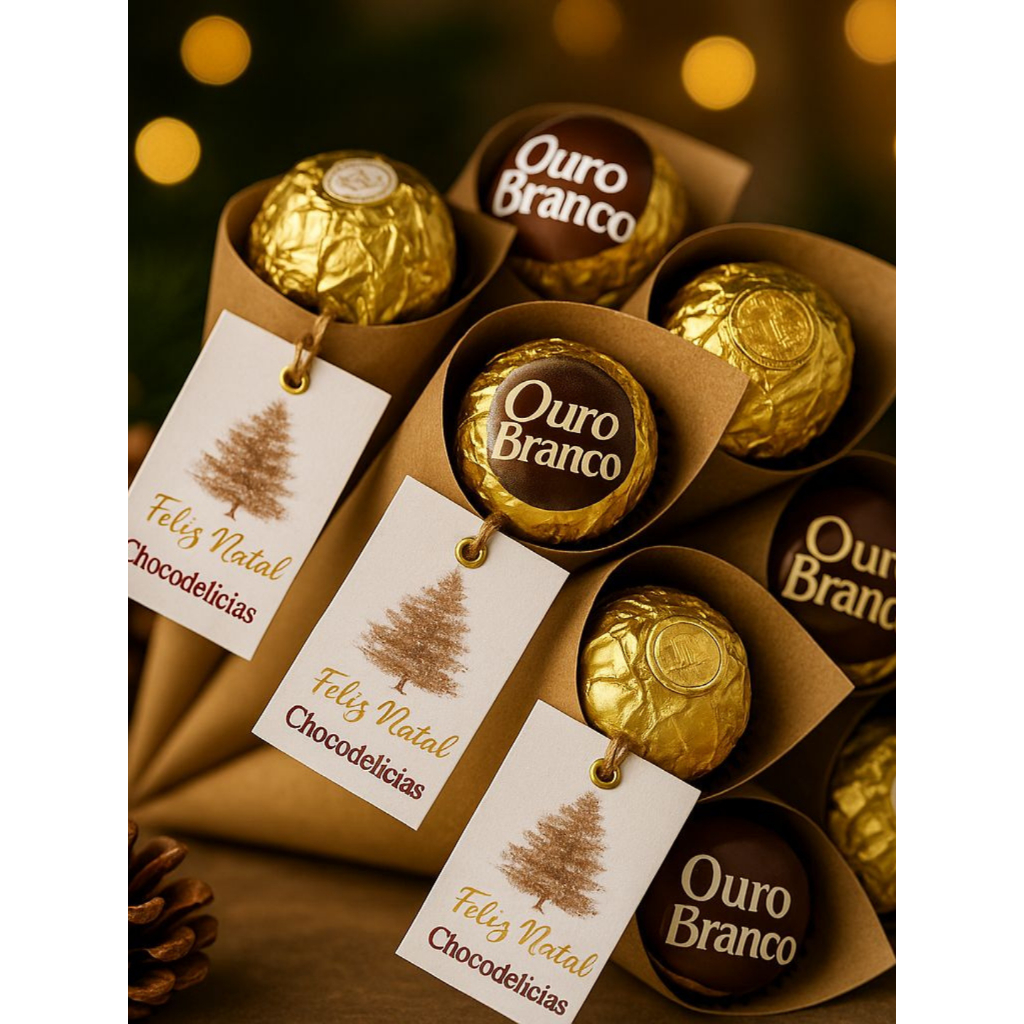 Cone de Papel Kraft com Bombom Ouro Branco ou ferrero rocher Ideal para Festas