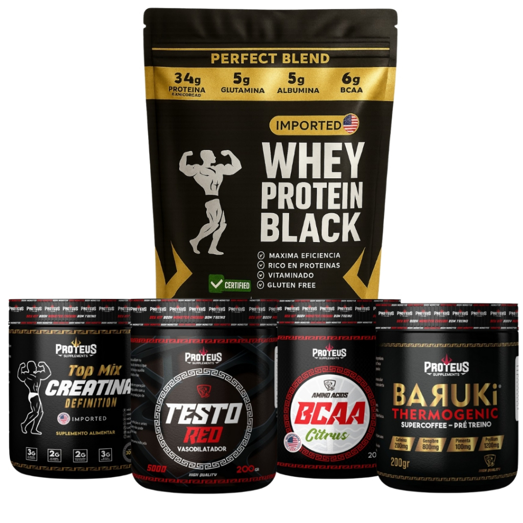 Kit bodybuilder Whey 1kg + Creatina 300g + BCAA + Testo 200g + Tremogenico 200g Pre Treino