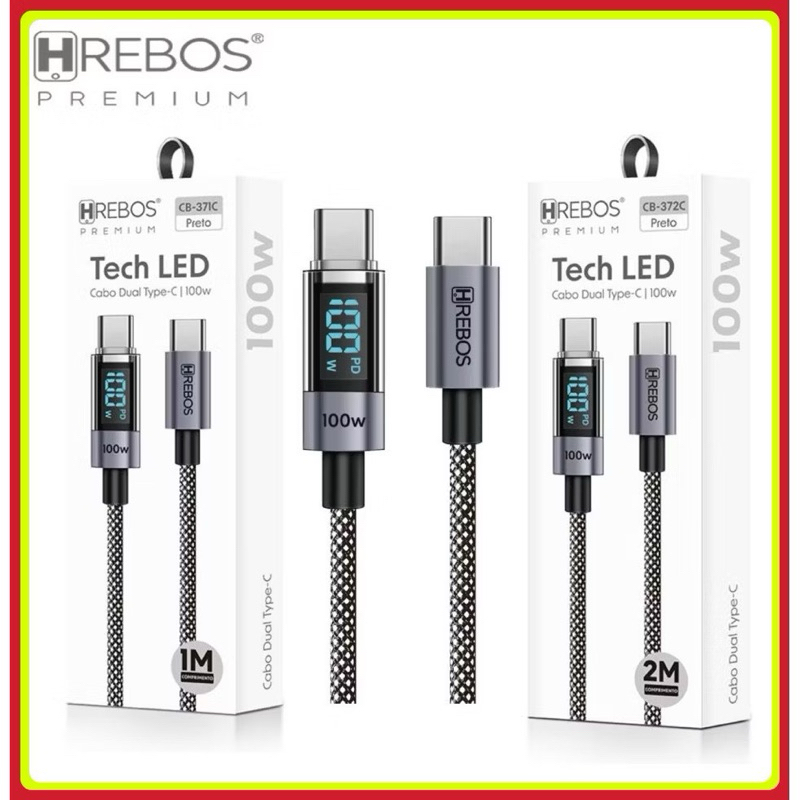 Hrebos – Cabo Tipo C Turbo 100W PD com Visor LED 1M e 2M Cb-388C | Cabo USB C Carregamento Rápido