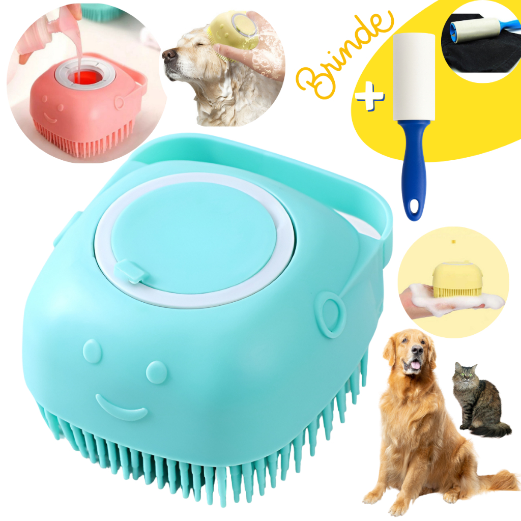 Escova 2 em 1 para Banho Pet cães gatos cachorros com Shampoo Integrado + Brinde Tira Pelos