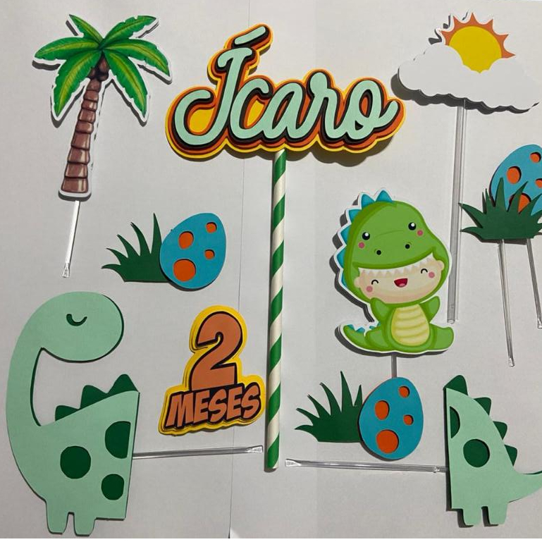 Topo de bolo Dinossauros Topper Dinos Baby em Camadas Aniversários e Mesversários COM NOME E IDADE