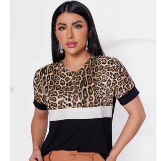 Blusa Oncinha Feminina T-shirt Viscolycra Casual Strass Gola Redonda Manga Curta Animal Print PROMOÇÃO em Oferta na Shopee