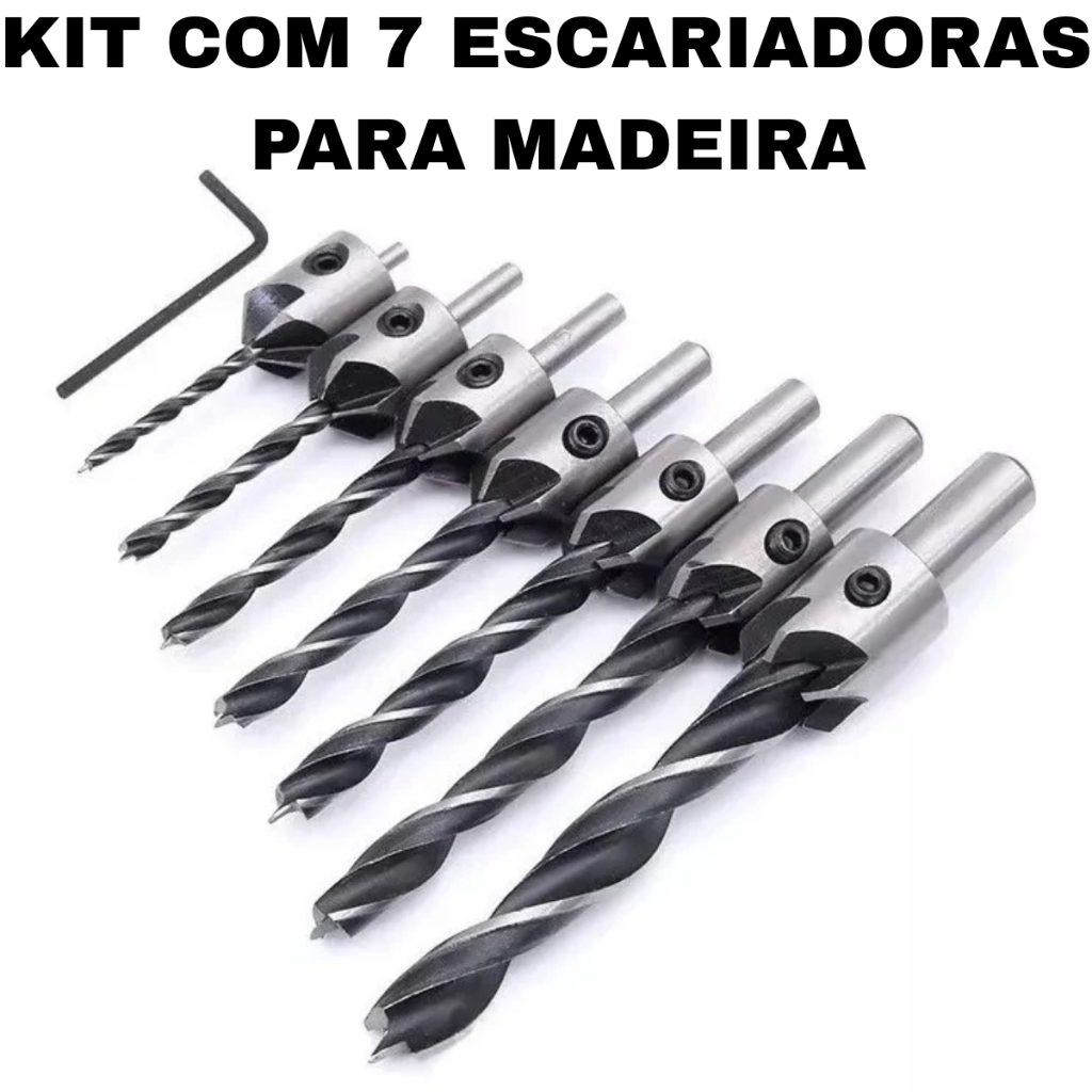 Jogo Kit Broca Escariadora 8 Peças Madeira Piloto