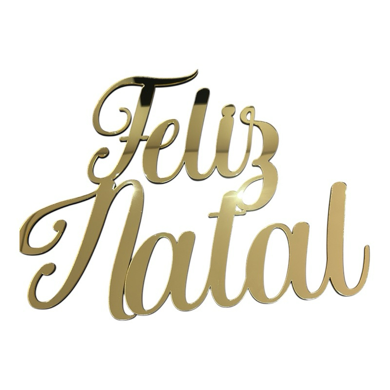 Feliz Natal em Acrílico Espelhado Dourado 30cm - Decoração de Natal - Painel Mesa Enfeite