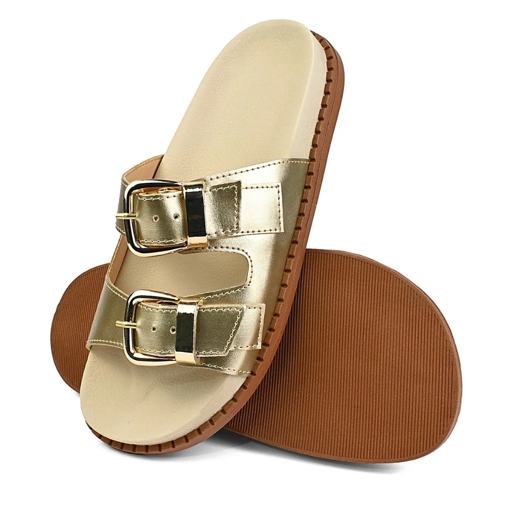 Sandália Papete Chinelo Feminina Slide Dourado Ajustável Metalizado Confortável Verão elegante