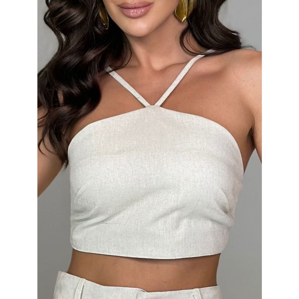 Top com alça fina e elastex em linho em Oferta na Shopee