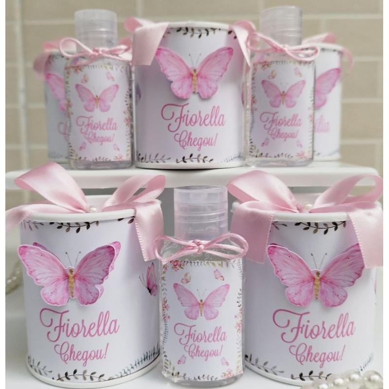 Kit Lembrancinha Personalizada Tubolatas 7x6 com Álcool Gel Jardim Borboleta Maternidade Nascimento