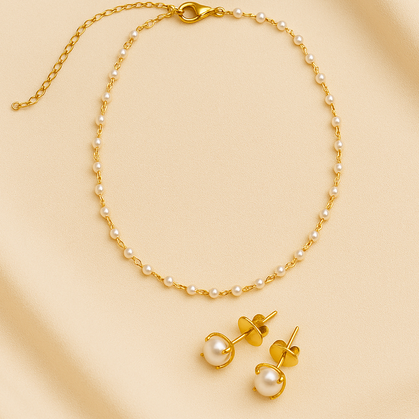 Conjunto Infantil Colar e Brincos Pérola - Banhado a Ouro 18k