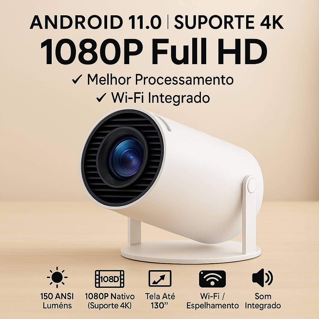 Projetor 4K HY300 Pro Wi-Fi 5G — Imagem Ultra Nítida, Espelhamento de Tela, Alta Brilho e Som Potente!