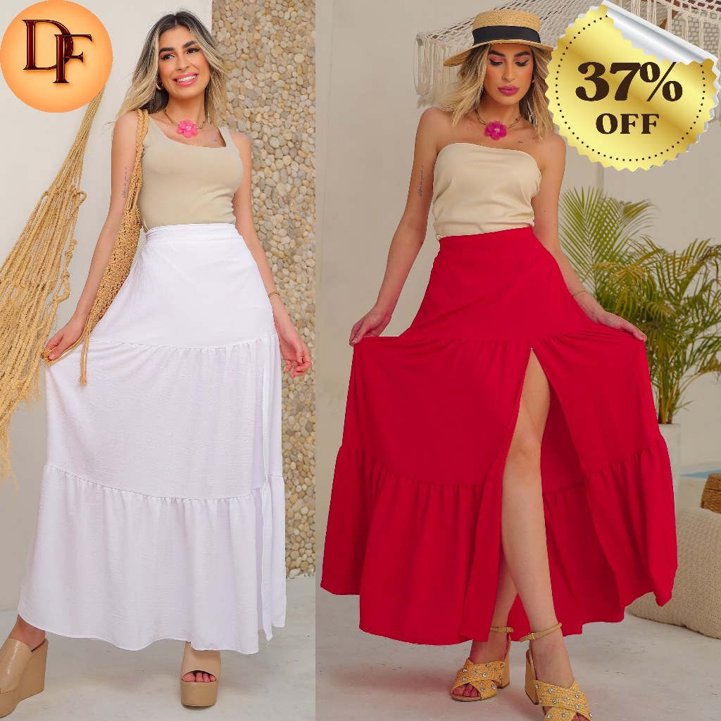 Saia Longa três maria feminina com fenda (Tecido Duna) forrado com elástico na cintura (P-M-G-GG) em Oferta na Shopee