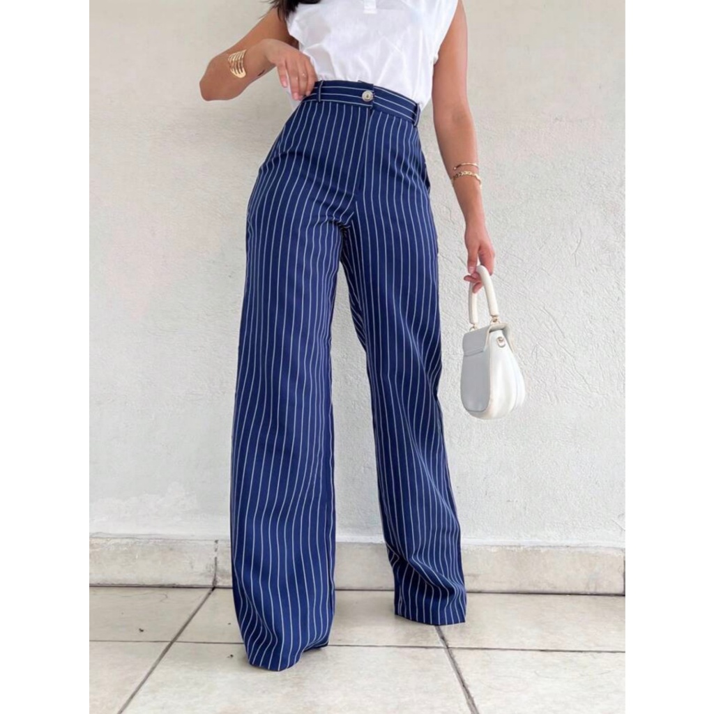 Calça Alfaiataria Pantalona Feminina Giz Cintura Listra Alta Com Bolso Wide Leg em Oferta na Shopee