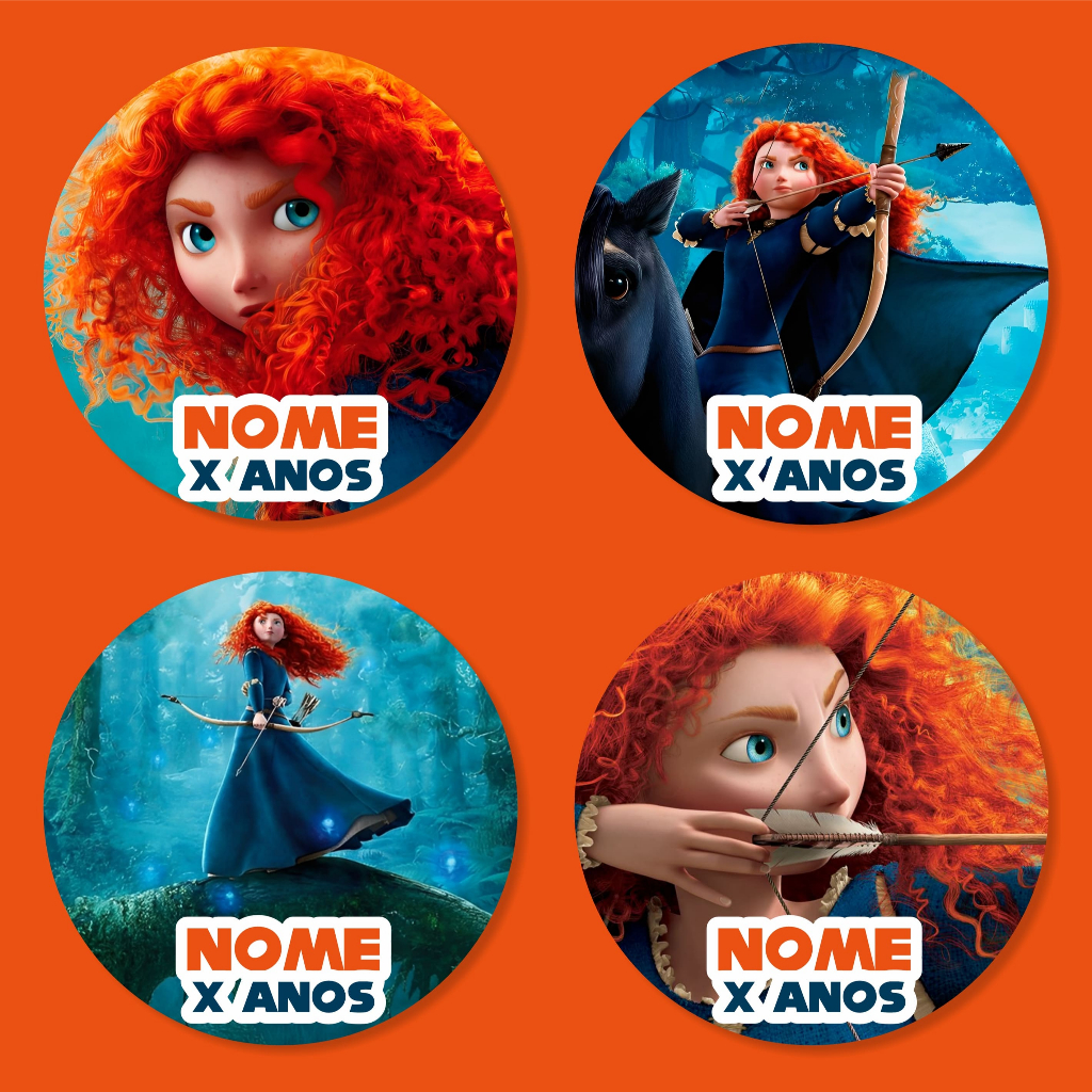 Adesivo Redondo Merida Valente 5x5cm – Festa Infantil, Lembrancinha, Princesas Disney