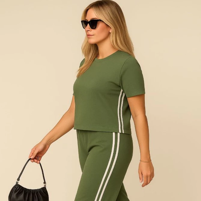 Conjunto Feminino Calça e Blusa Malha Confortável com Listras Laterais Estilosa Moda Gringa Tendência