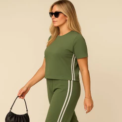 Conjunto Feminino Calça e Blusa Malha Confortável com Listras Laterais Estilosa Moda Gringa Tendência