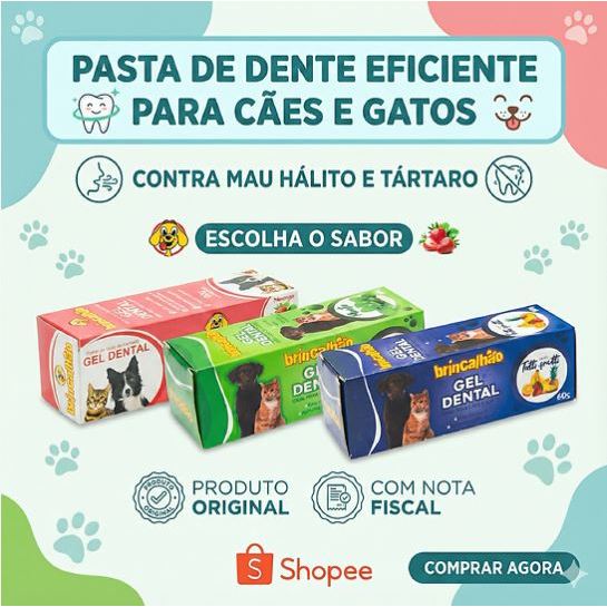 Pasta Gel Dental para Cachorro Cão Gato Pets  Brincalhão 60g