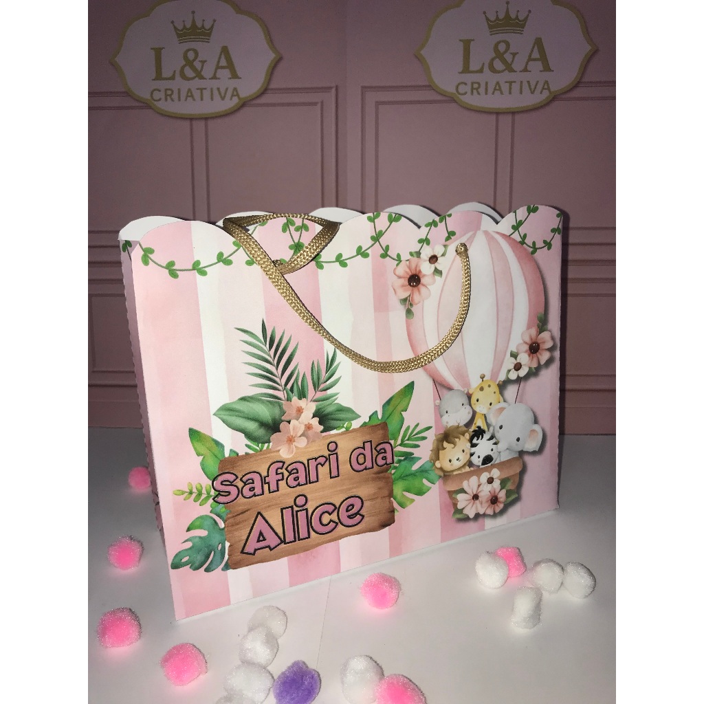 Sacolinha Personalizada Safari Rosa • Lembrancinha Personalizada • Kit Festa• Aniversário ENVIO RÁPIDO PEGUE E MONTE