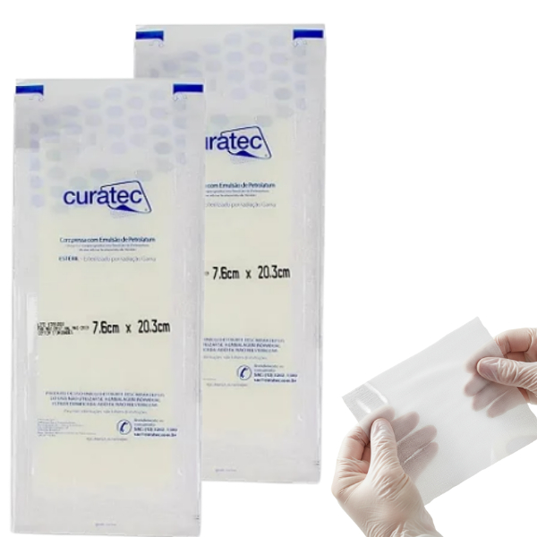 Compressa Emulsão Petrolatum Kit 2 Envelopes Curativo 7,6X20,3 Curatec Gaze Não Aderente