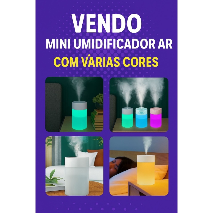 Mini umidifcador de ar, respiração, ambiente, casa, quarto, decoração, sala, cores, led, ventilação, ar condicionado