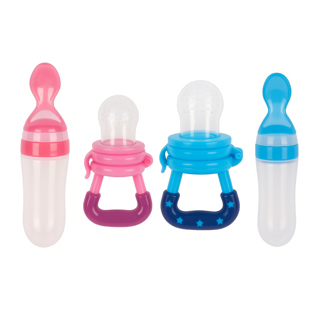 KIT BABY ALIMENTAÇÃO COLHER DOSADORA MAMADEIRA 90ML + ALIMENTADOR MORDEDOR FRUTAS 5,5CM BEBÊ KIT CHUPETA