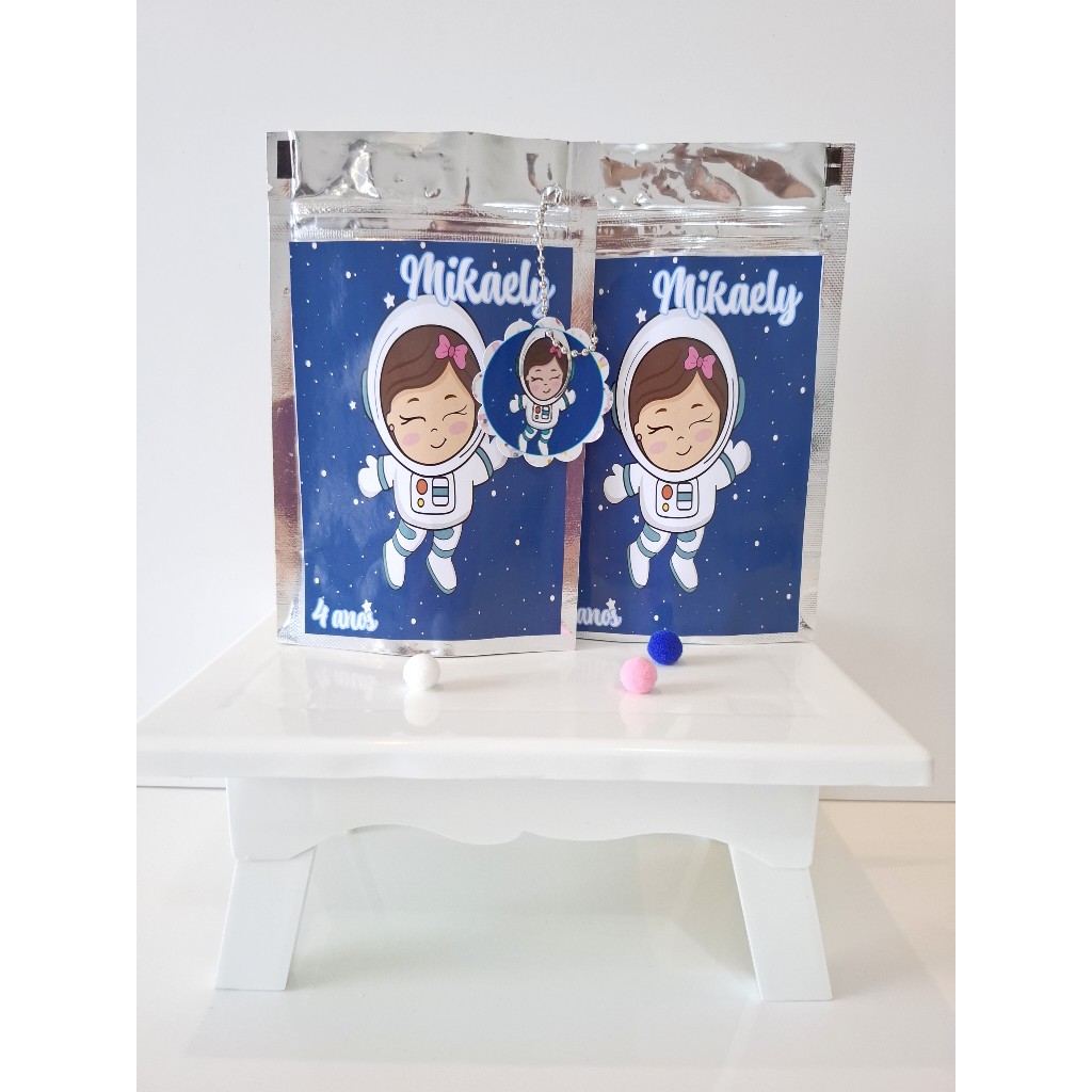 Saco Ziplock Lembrancinha Festa Astronauta Menina M /Saco Metalizado Personalizado Astronauta Menina / Tamanho M|