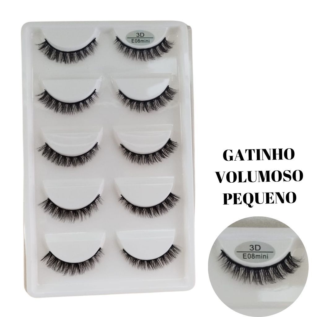 Cartela com 5 Pares de Cílios Postiços 3D E08MINI (GATINHO)
