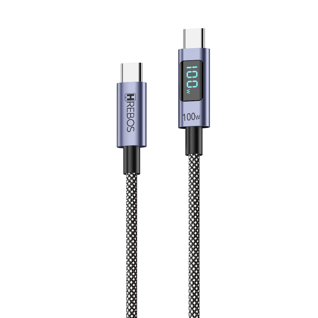Hrebos – Cabo USB-C para USB-C 100W Display Digital | Nylon Trançado para Notebook, Tablet e Celular Turbo PD | CB-388 C