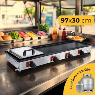 Chapa de Hamburguer Profissional A Gas 97x30 cm Com Abafador Prensa e 4 Queimadores Chapeira para Lanches Porções Pratic em Oferta na Shopee