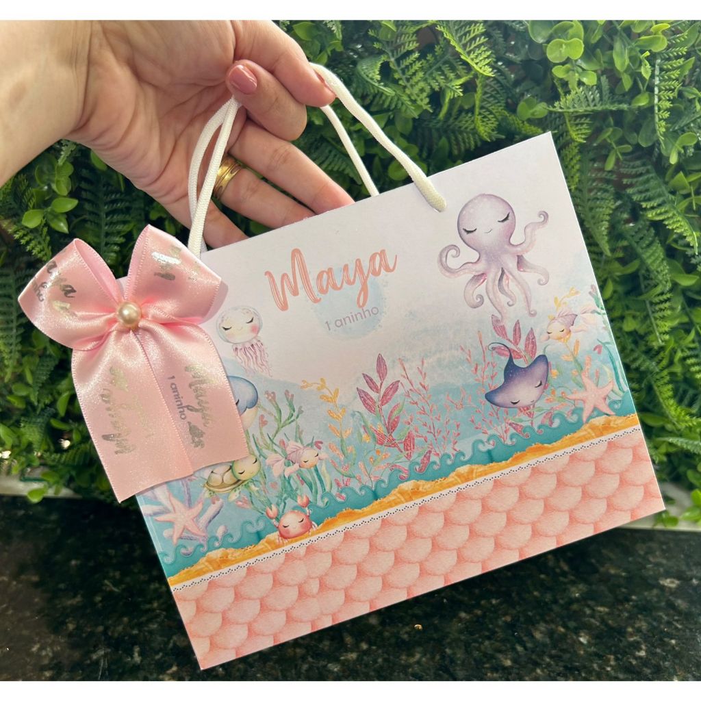 Sacolinha Surpresa Personalizada Fundo do Mar Rosa Menina com Laço | Lembrancinhas | Festa Aniversário | Lancheirinha