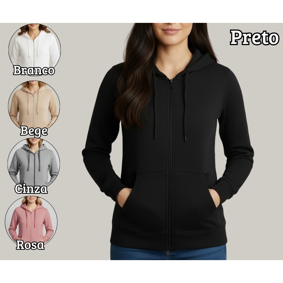 Blusa de frio Casaco Suéter Moletom Premium Flanelado liso feminino Unissex aberto de Zíper Capuz ajustável sem estampas