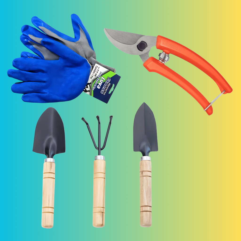 Kit Ferramentas Jardinagem 5 Peças com Luvas + Tesoura de Poda + Pás e Acessórios