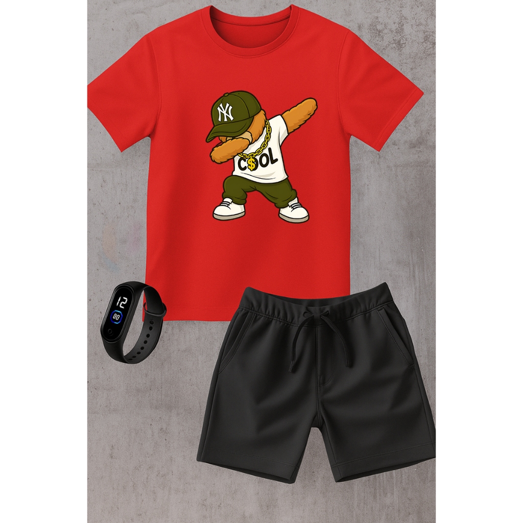 Kit Infantil Camiseta e Short Moletinho + Brinde Grátis Promoção de Lançamento Moda Verão Urso Estilo