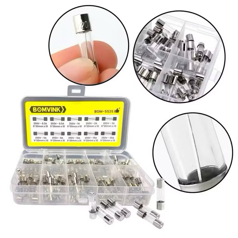 KIT 100 FUSÍVEIS DE VIDRO - COM CAIXA SEPARADORA - MULTI AMPERAGENS - BOMVINK