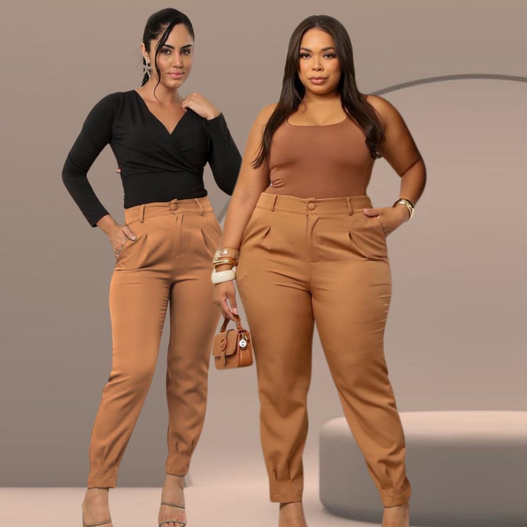 Calças Feminina Alfaiataria Social estilo cenoura Plus size jogger Botão forrado, ziper na frente em Oferta na Shopee