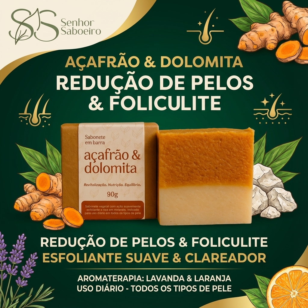Kit Sabonete Redu&ccedil;&atilde;o de Pelos + Clareador Artesanal Natural A&ccedil;afr&atilde;o e Dolomita c/ &Oacute;leos Essenciais Senhor Saboeiro