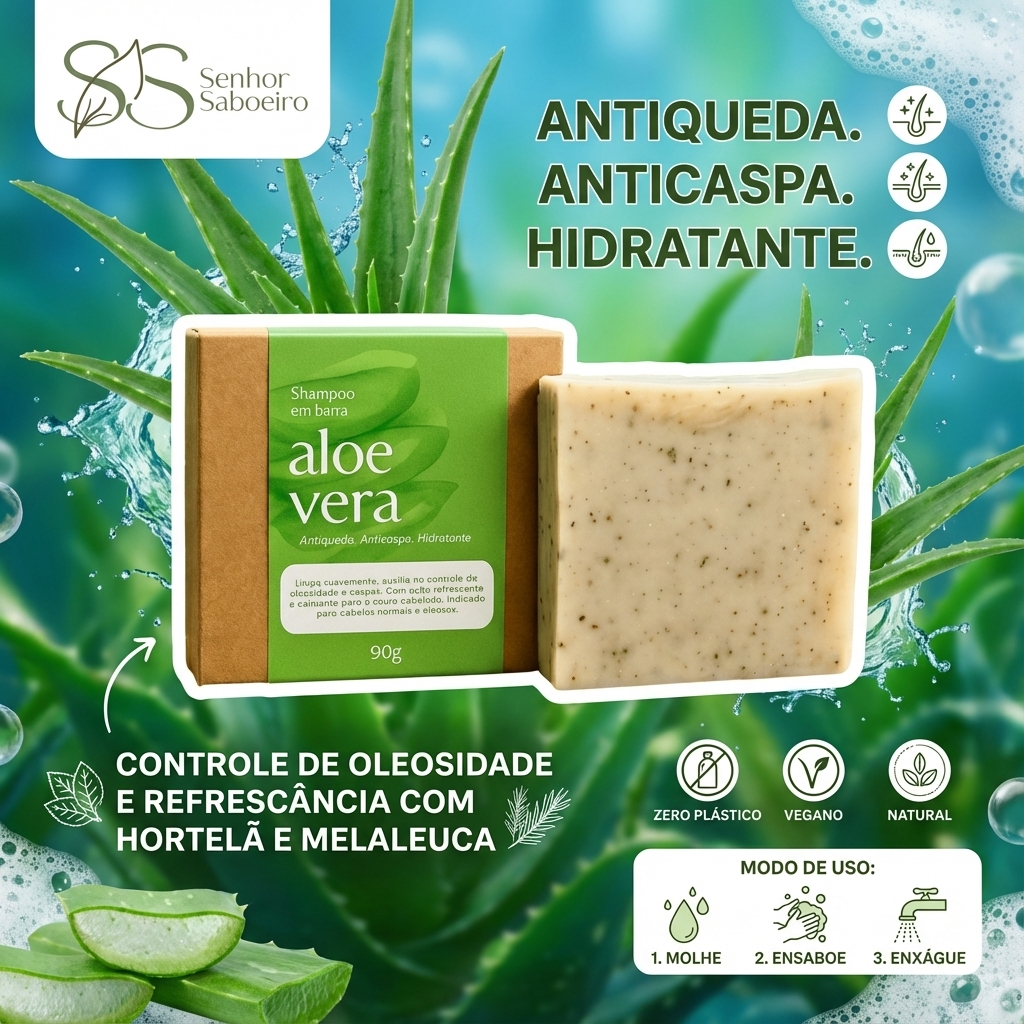 Shampoo Anti Queda Anti Caspa p/ Cabelos Secos Opacos em Barra de Aloe Vera 90g Senhor Saboeiro em Oferta na Shopee