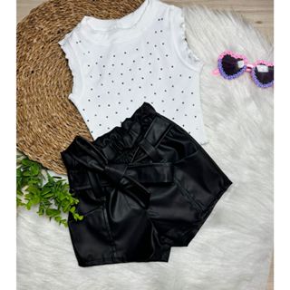 Conjunto Meninas Blusinha com Strass e Shorts Corino Fake com Laço 02 ao 10 anos em Oferta na Shopee