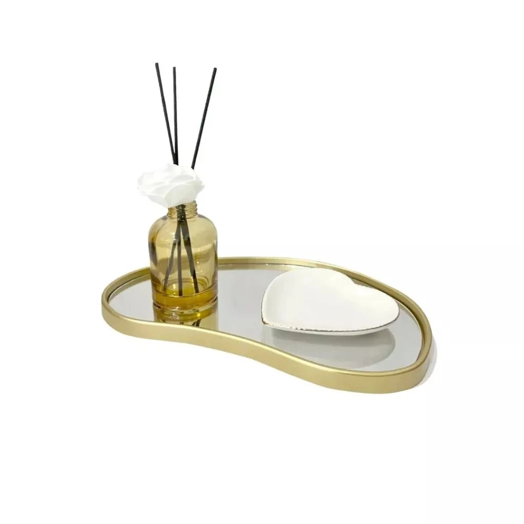 BANDEJA DECORATIVA ESPELHADA FORMATO ORGÂNICO MULTIUSO BANHEIRO LAVABO SALA LUXO PRETO DOURADO