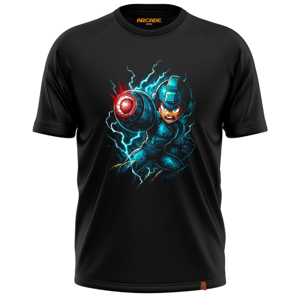 Camiseta Gamer Aventura Plataforma Mega Robot Azul Man Robot Masters Buster Pixel Retro Video Game