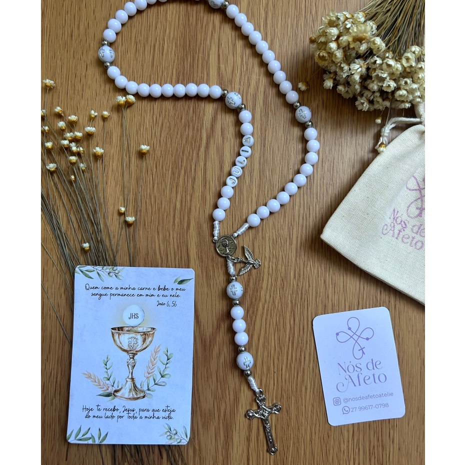 Terço Primeira Eucaristia personalizado -- Branco e Prata - Lembrança Primeira Comunhão