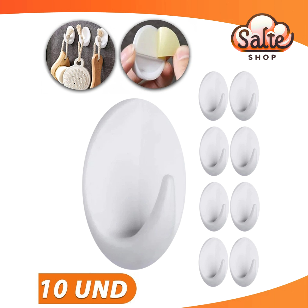 Kit Até 10 Ganchos Adesivo Plástico Branco Parede Toalha Cozinha Banheiro