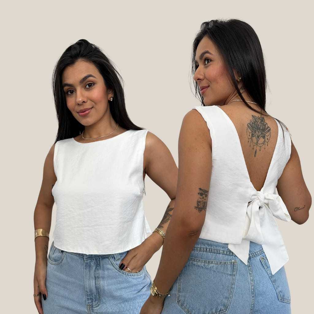 Blusa Feminina Tecido Marrant Laço nas Costas Blusinha Casual Elegante Dia a Dia