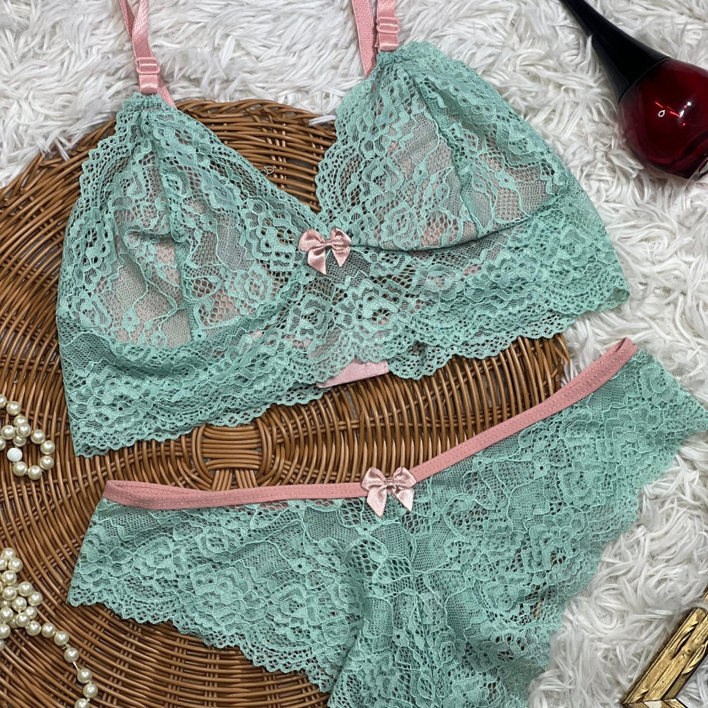 Conjunto Lingerie Calcinha e Sutiã Renda Sem Bojo em Oferta na Shopee