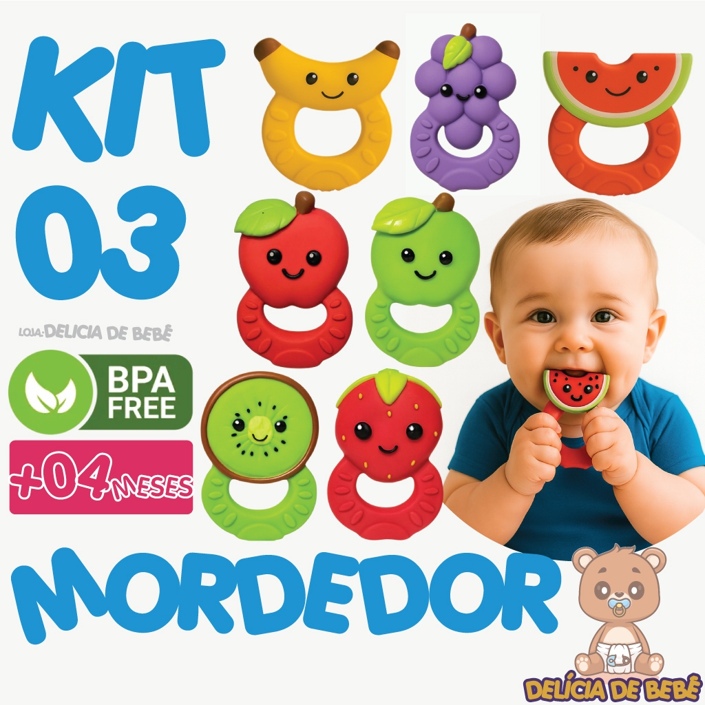 Kit 3 Mordedor P/ Bebê - Alívio Dentição - 100% Natural Super Macio Frutinhas  Colorido e Divertido